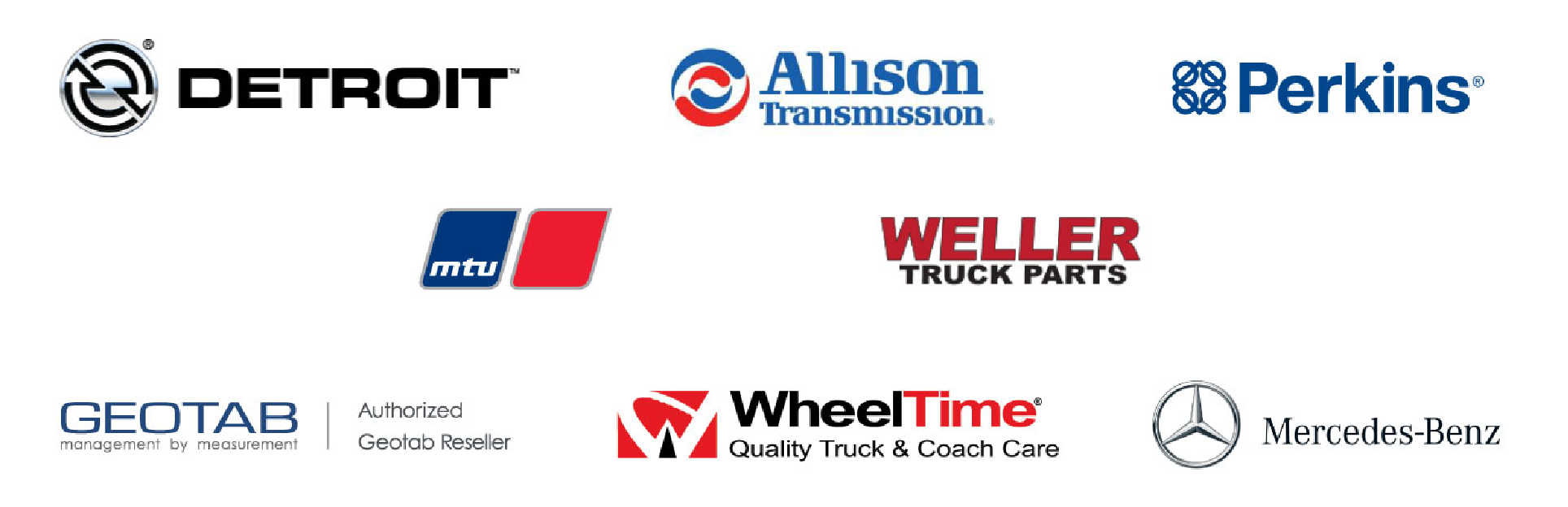 PartnerLogos_AllTogether Image of logos: Detroit, Allison, Mercedes, MTU, Geotab, WheelTime, Sterling, Perkins, and Weller